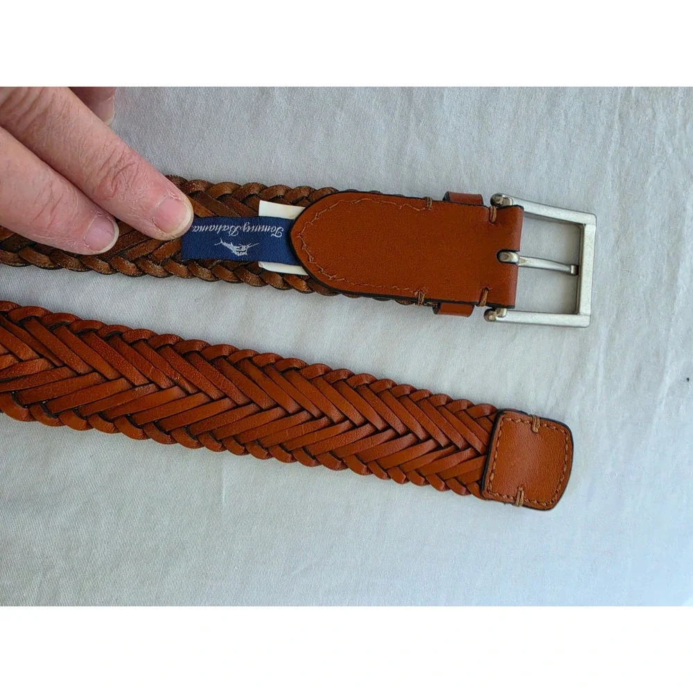 Tommy Bahama Mens‎ Cognac Brown Braided Leather Belt Silver Buckle Marlin Logo